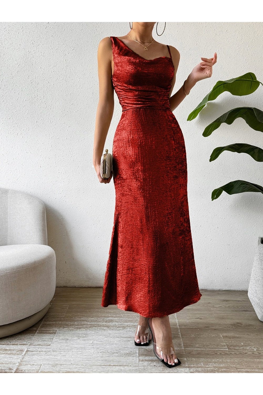 Asymmetric Neck Sleeveless Midi Dress