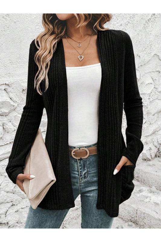 Pocketed Open Front Long Sleeve Cardigan