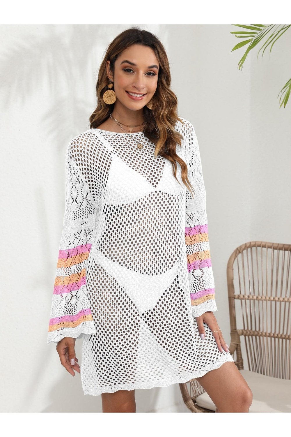 Openwork Contrast Long Sleeve Cover-Up