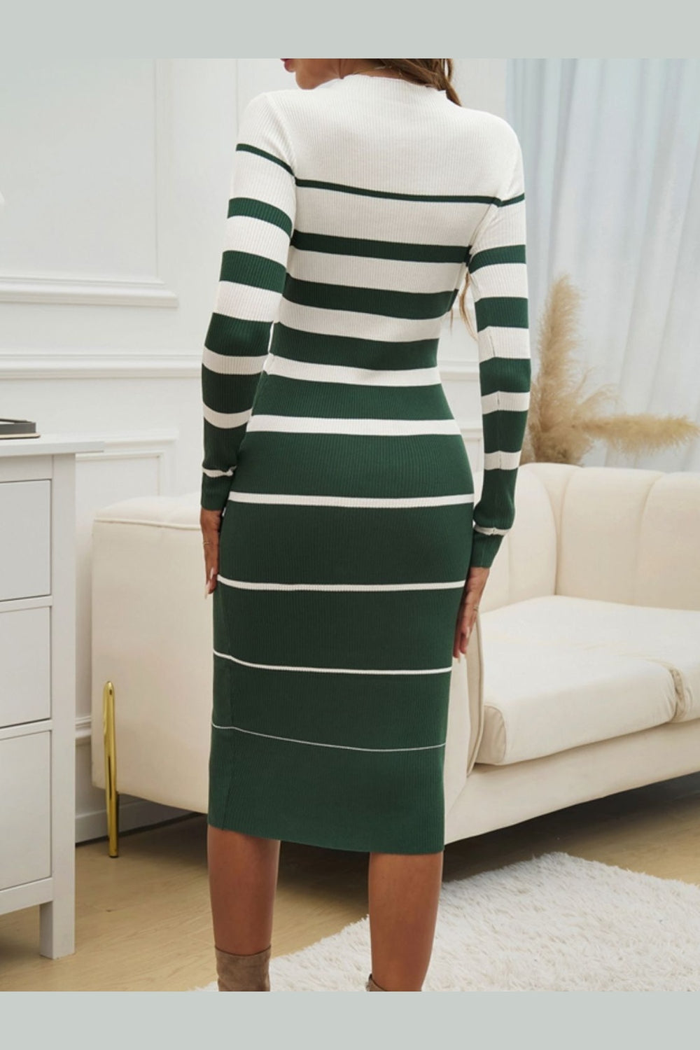 Devine Color Block Round Neck Long Sleeve Midi Dress