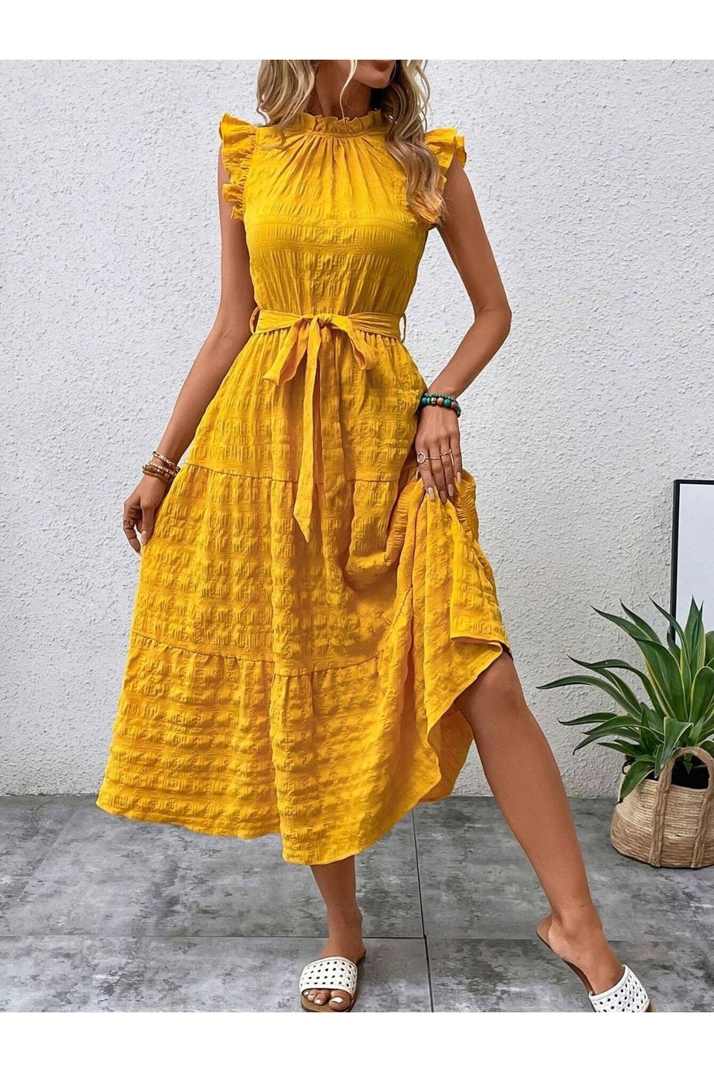 Tied Ruffled Cap Sleeve Midi Dress