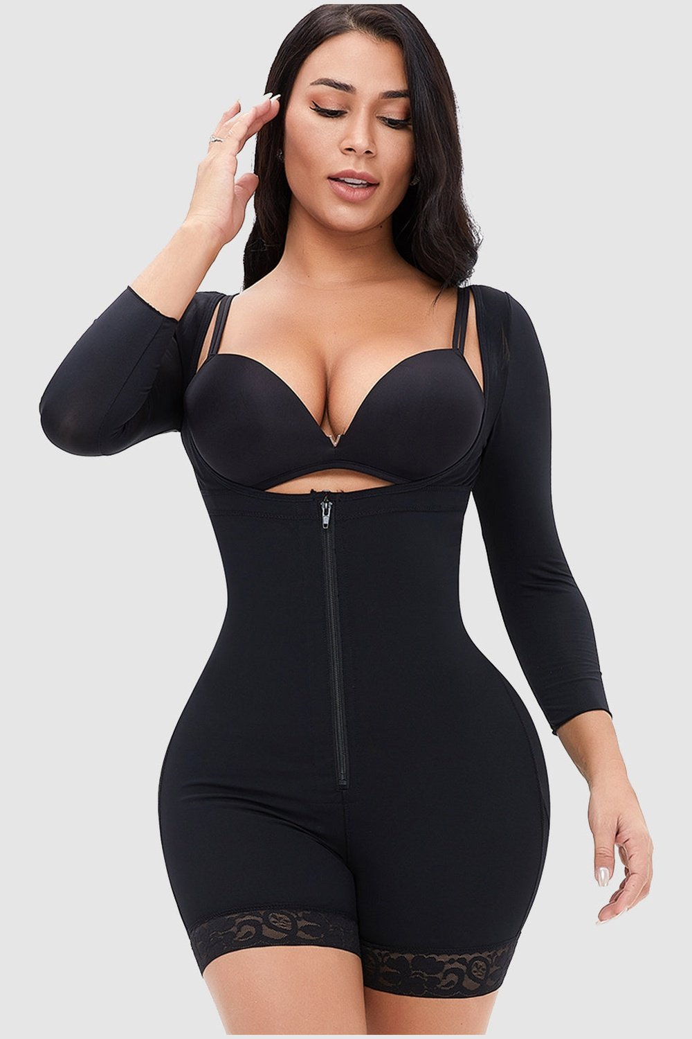 Full Size Zip Up Lace Detail Long Sleeve Shapewear