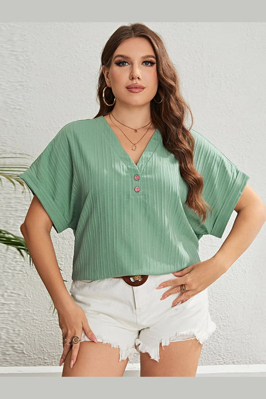 Honey Plus Size Buttoned V-Neck Short Sleeve Top