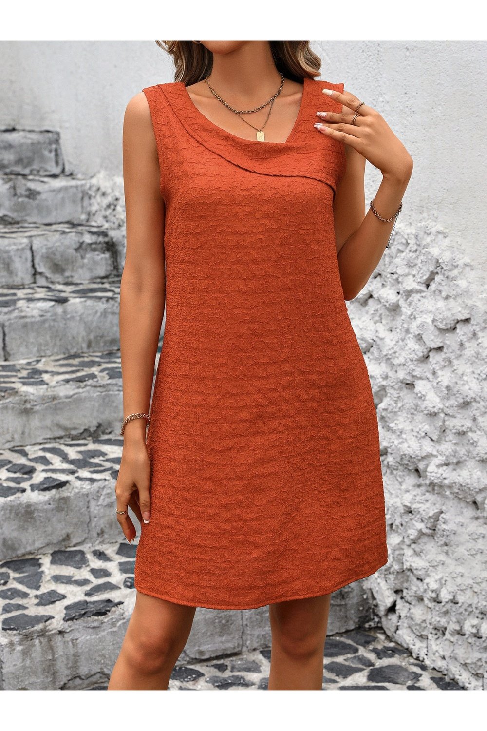 Asymmetrical Neck Sleeveless Mini Dress