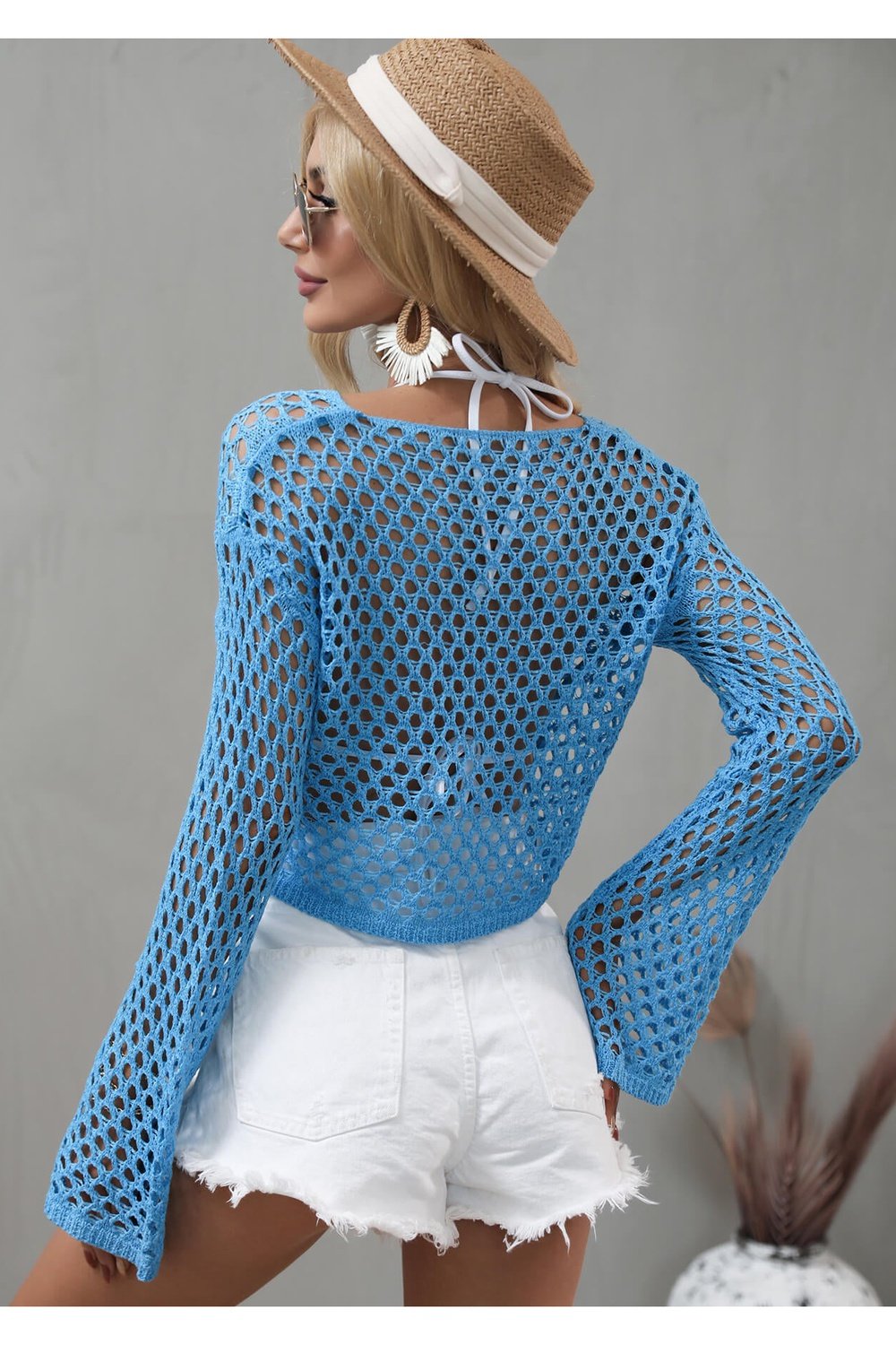 Openwork Flare Sleeve Cropped Cover Up