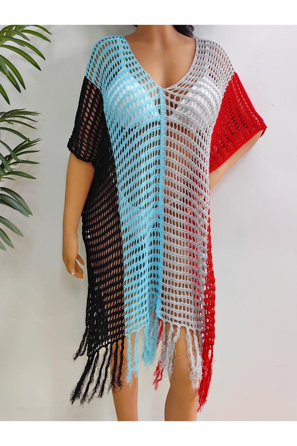 Fringe Color Block Scoop Neck Cover Up