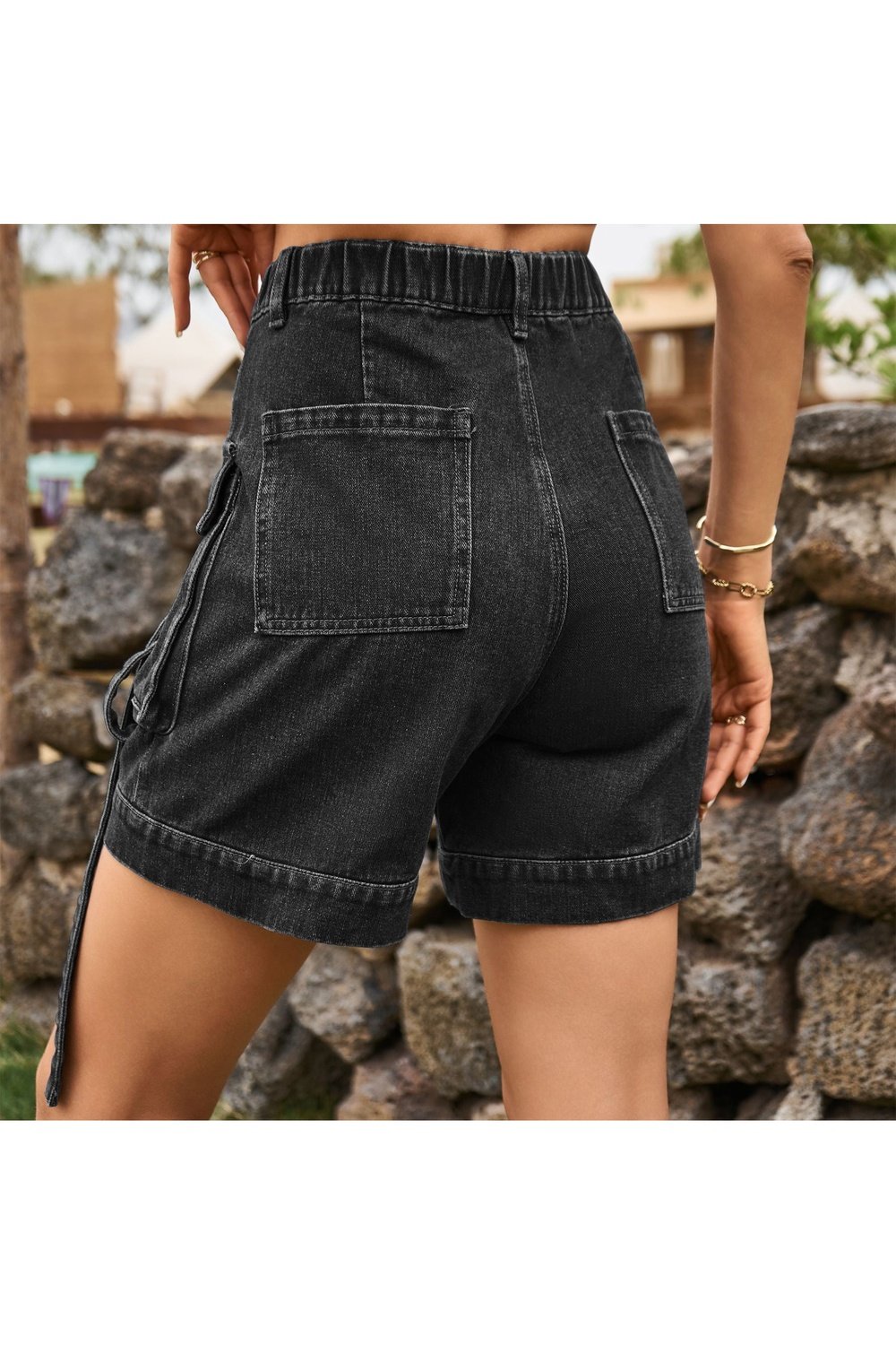 High Waist Denim Cargo Shorts