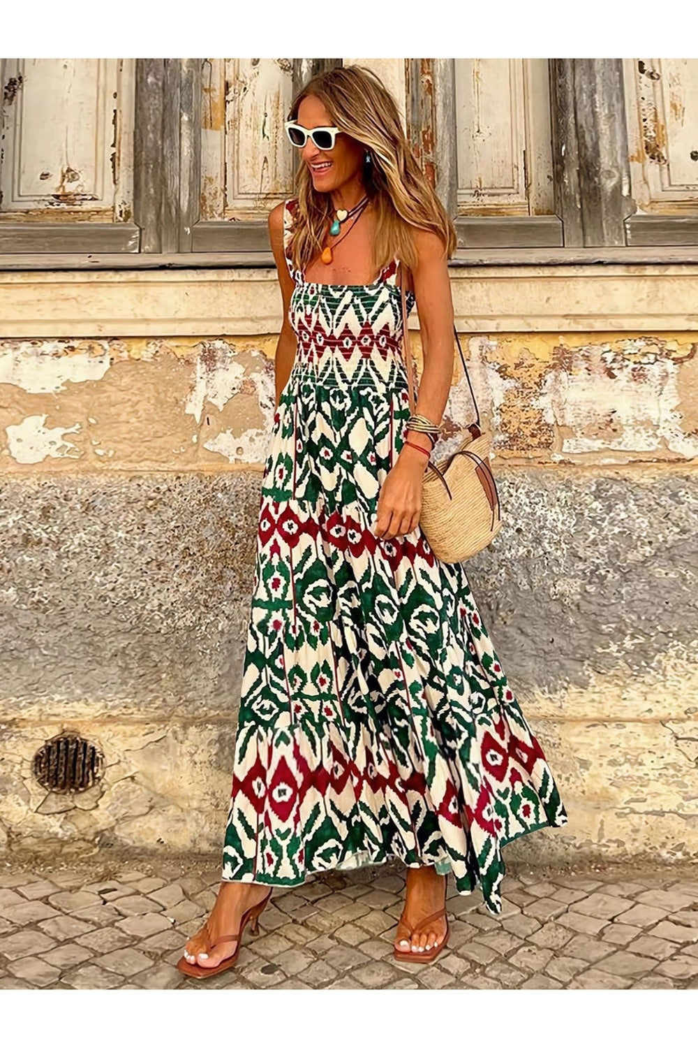 Smocked Printed Square Neck Sleeveless Dress