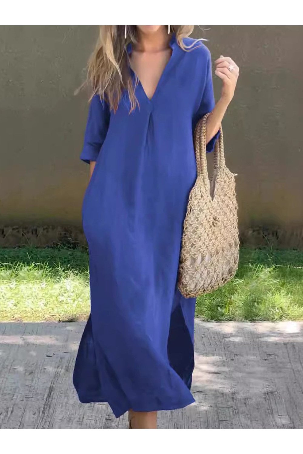 Full Size Notched Half Sleeve Midi Dress