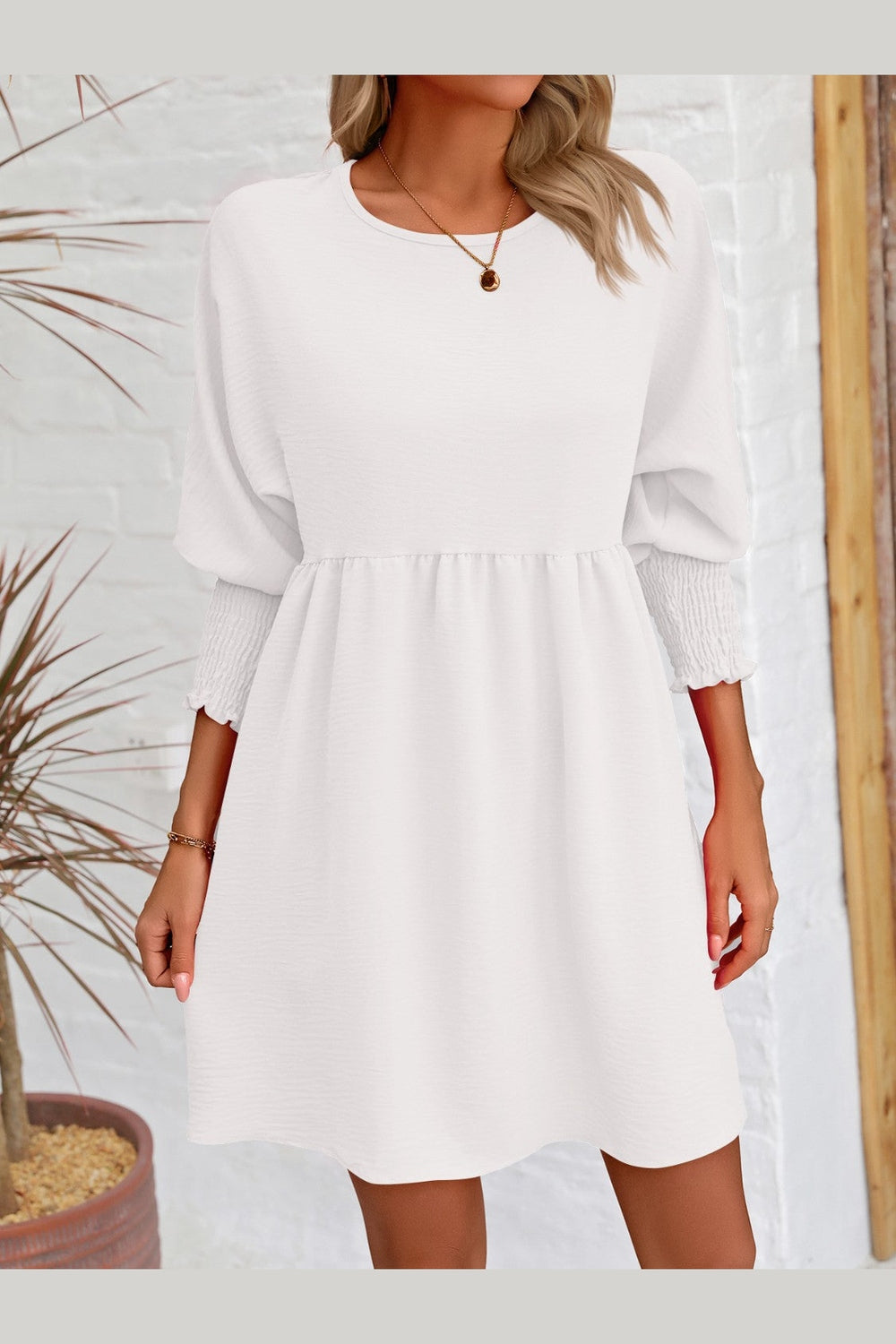 Round Neck Lantern Sleeve Mini Dress