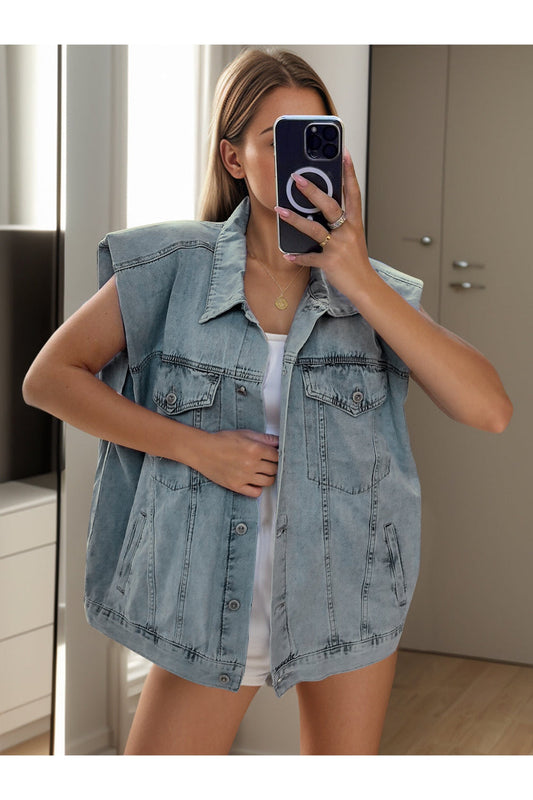 Pocketed Button Up Cap Sleeve Denim Jacket