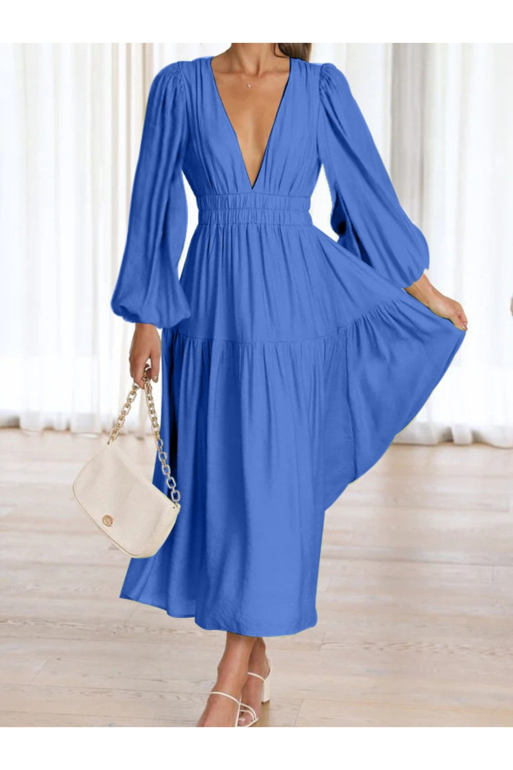 Deep V-Neck Balloon Sleeve Plain Maxi Dress