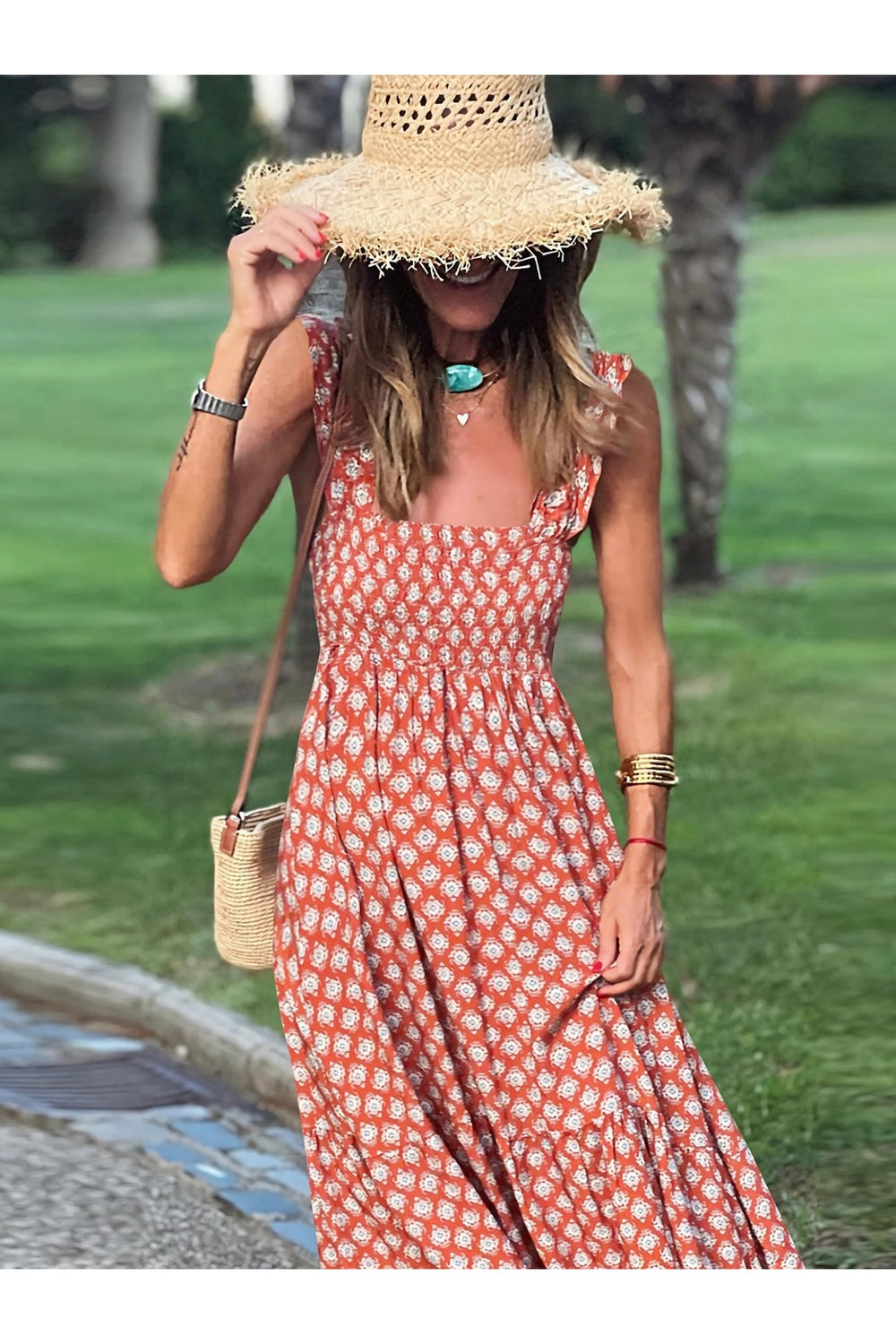 Smocked Printed Square Neck Sleeveless Dress