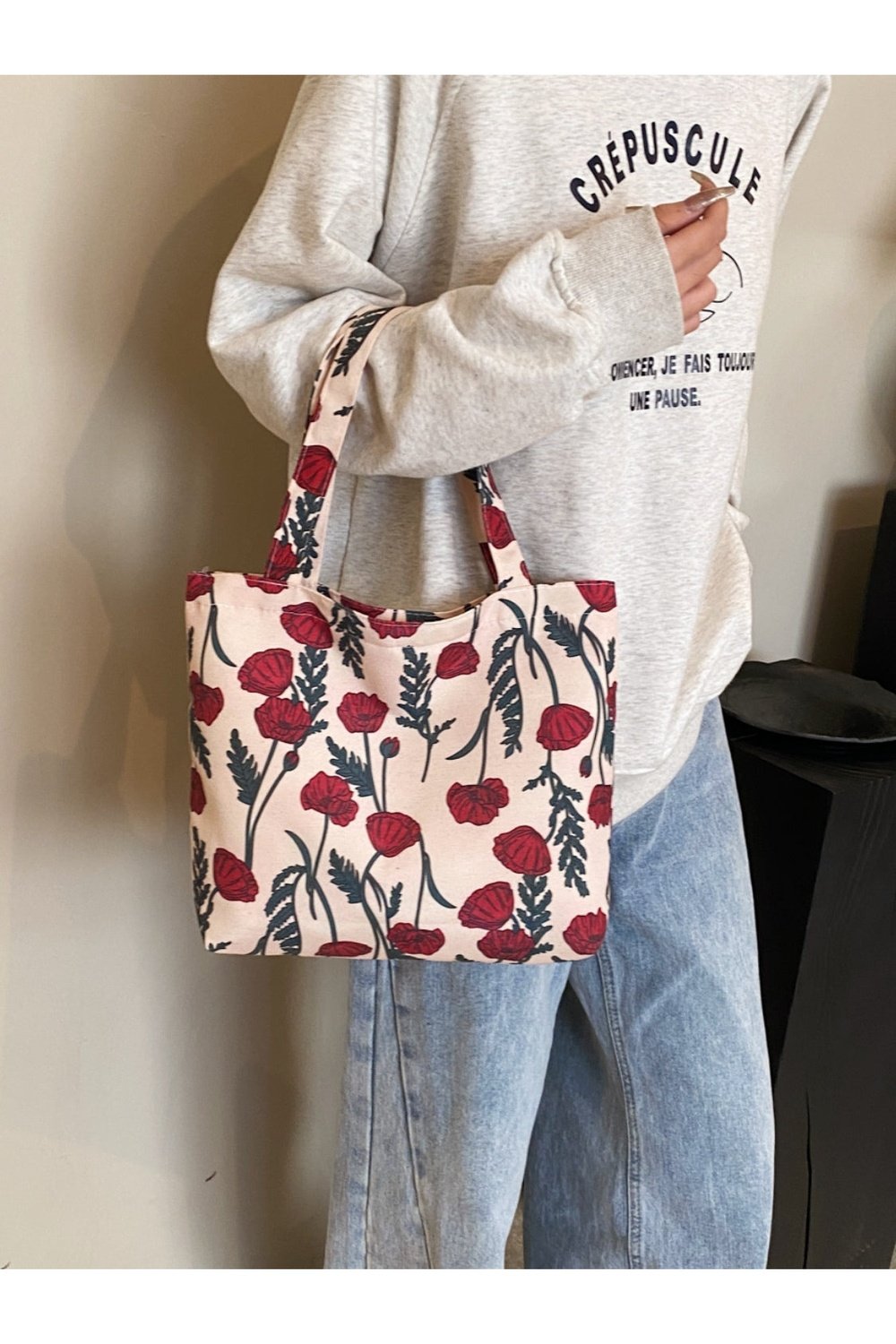 Printed Canvas Handbag with Zipper