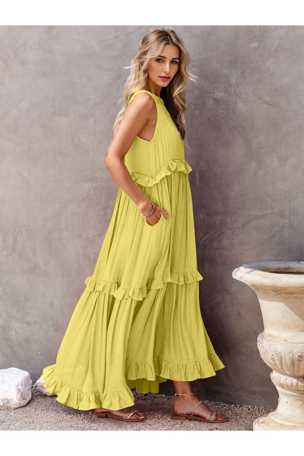 Ruffled Sleeveless Tiered Maxi Dress with Pockets