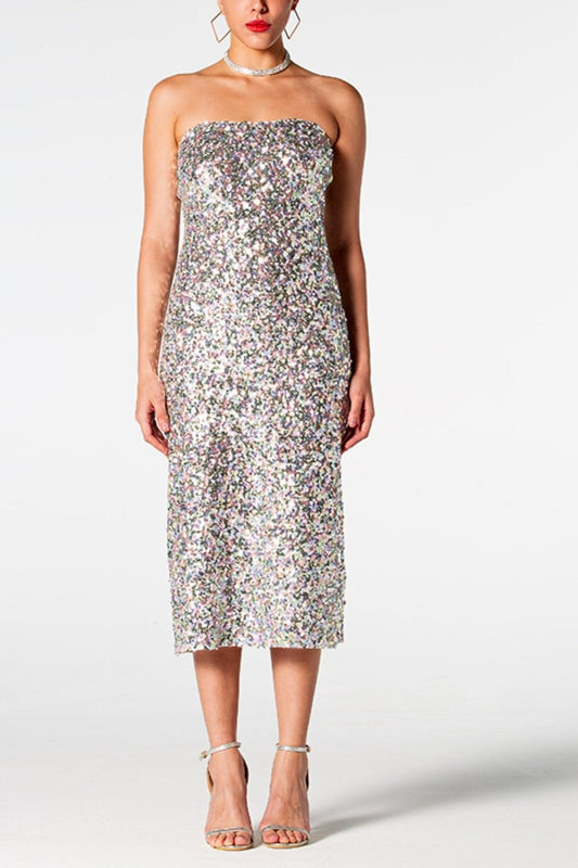 Sequin Straight Neck Midi Wrap Dress