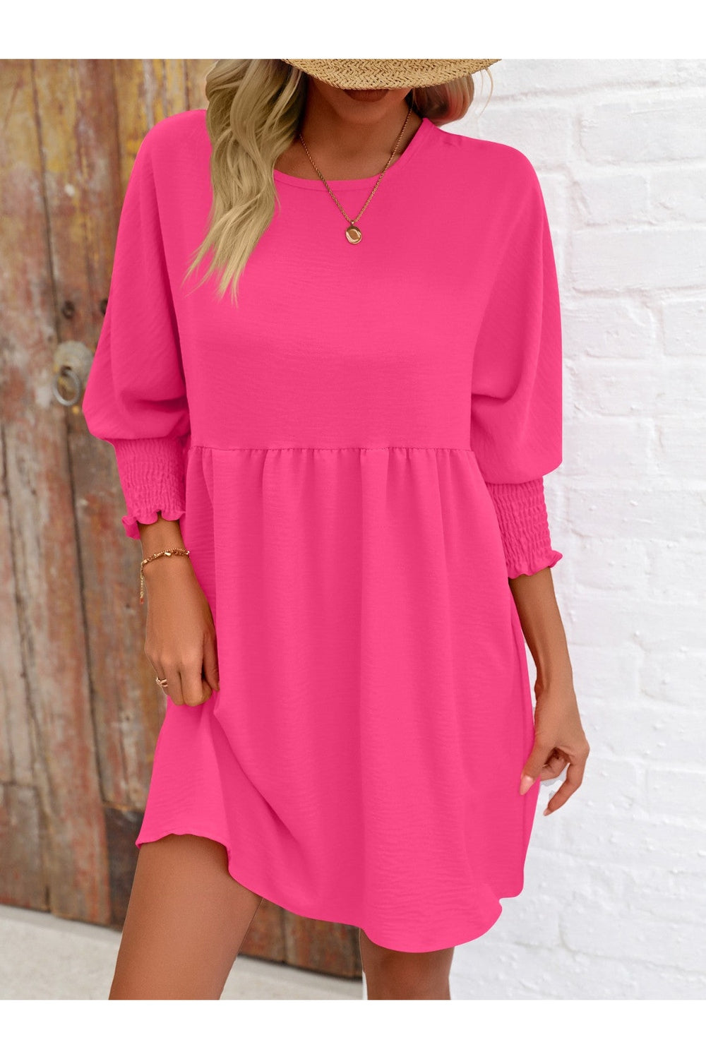 Round Neck Lantern Sleeve Mini Dress