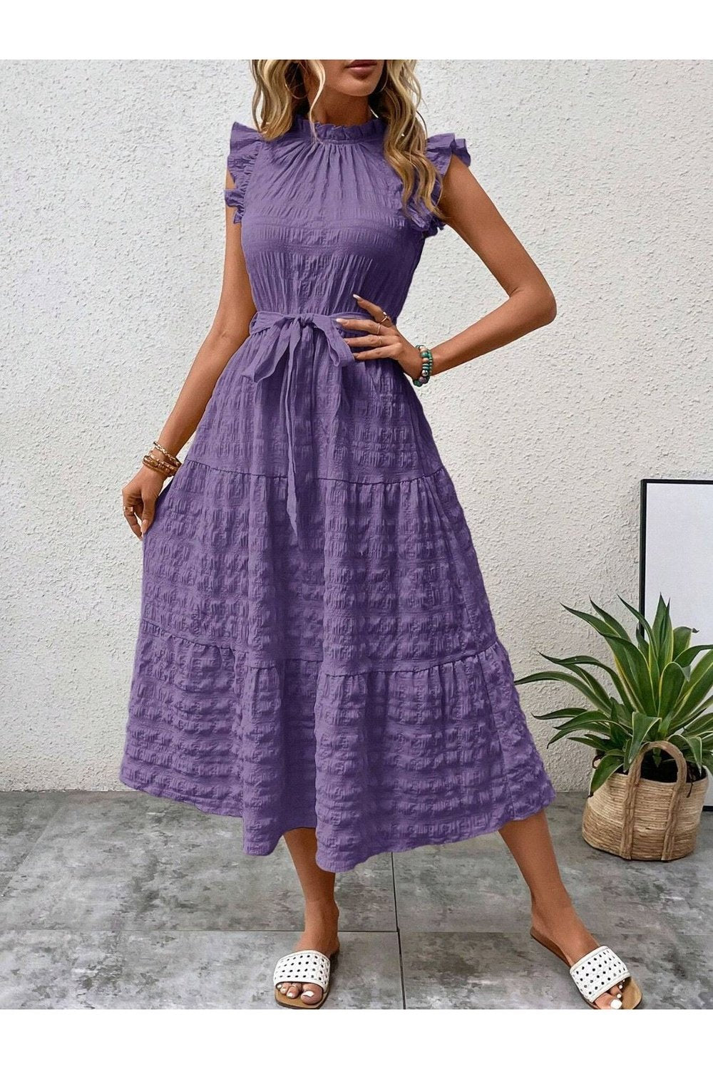 Tied Ruffled Cap Sleeve Midi Dress