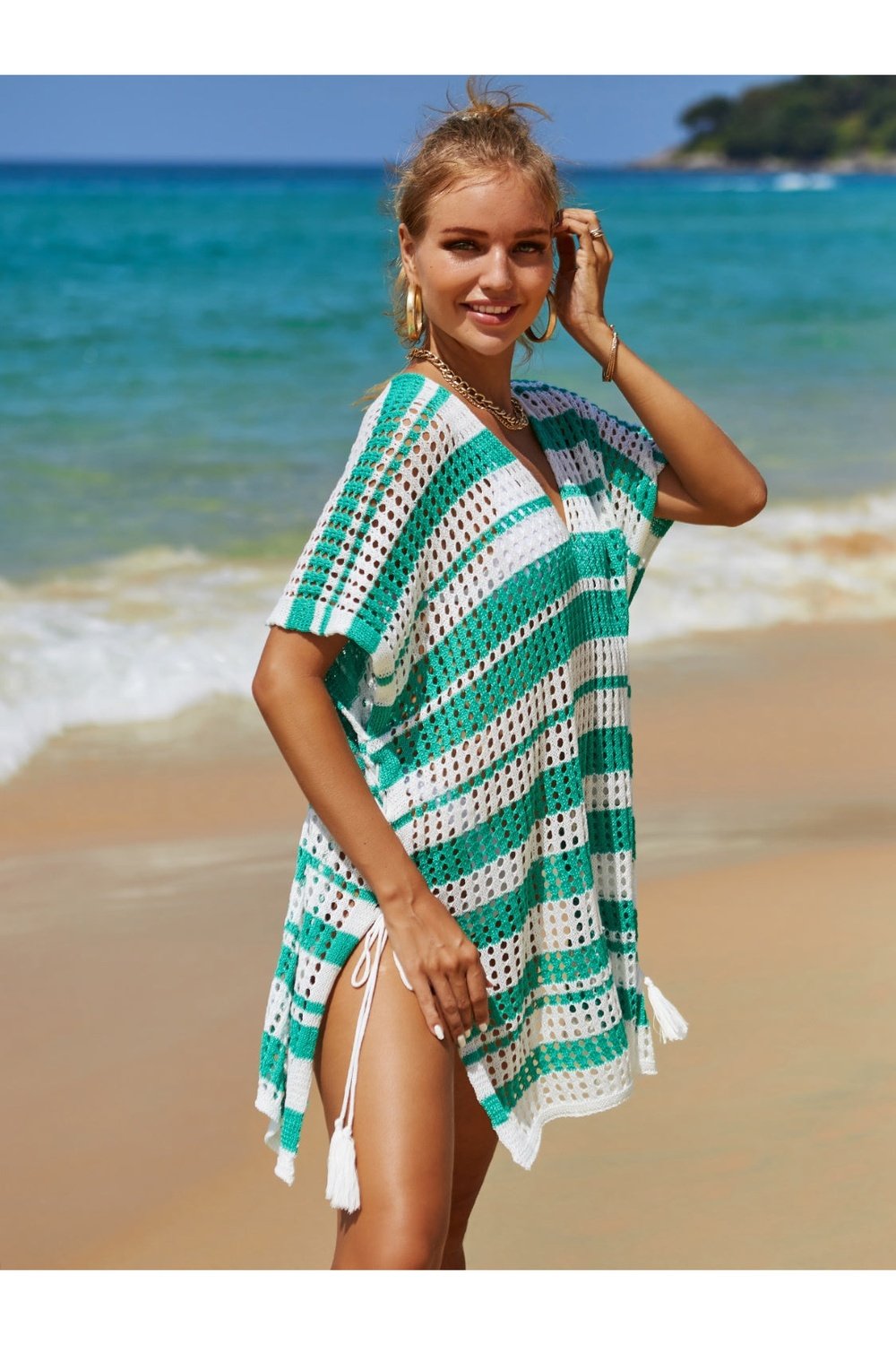 Tassel Openwork Striped V-Neck Cover Up