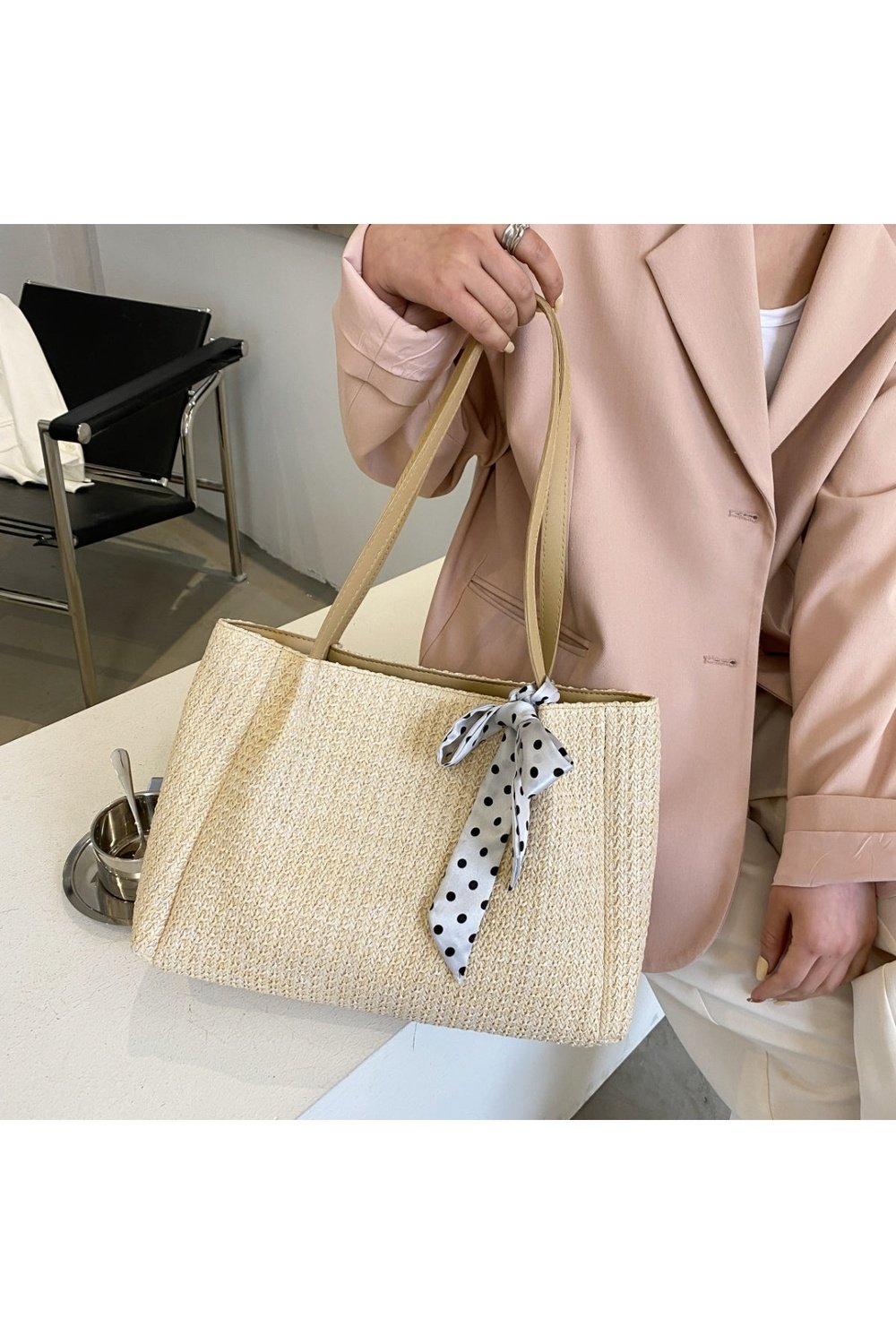 Straw Woven Leather Strap Handbag