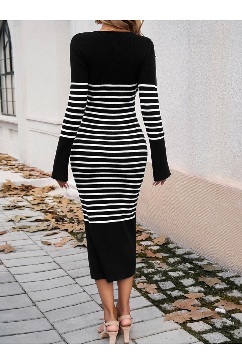 Striped V-Neck Long Sleeve Sweater Dress