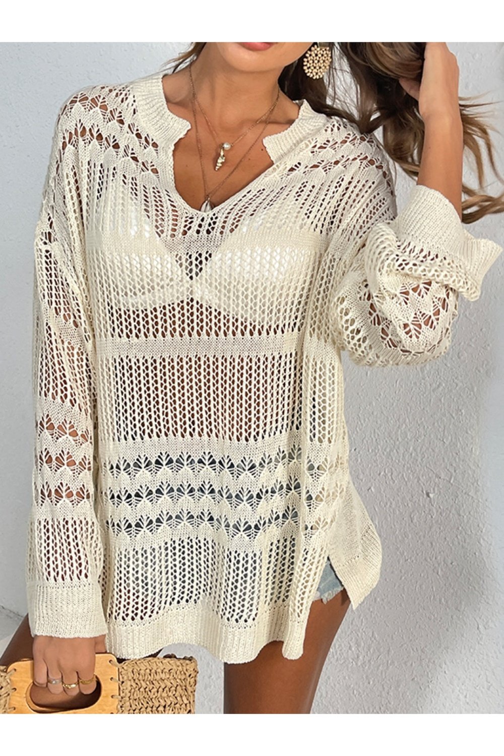 Cutout Notched Long Sleeve Cover-Up