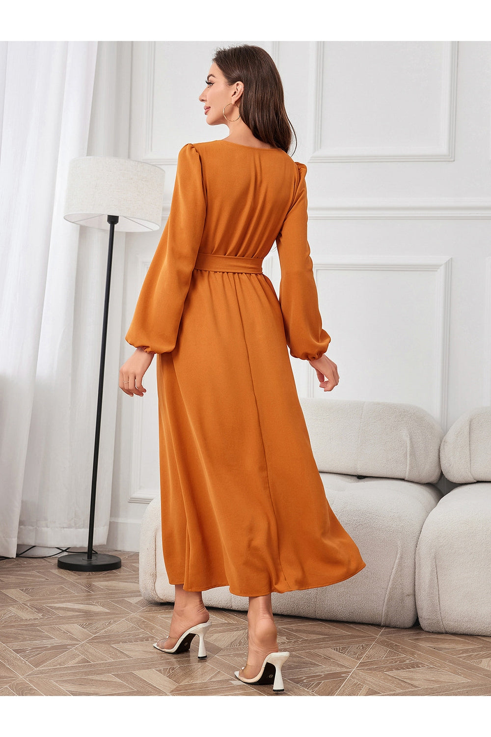 Tie Waist Puff Sleeve Maxi Dress