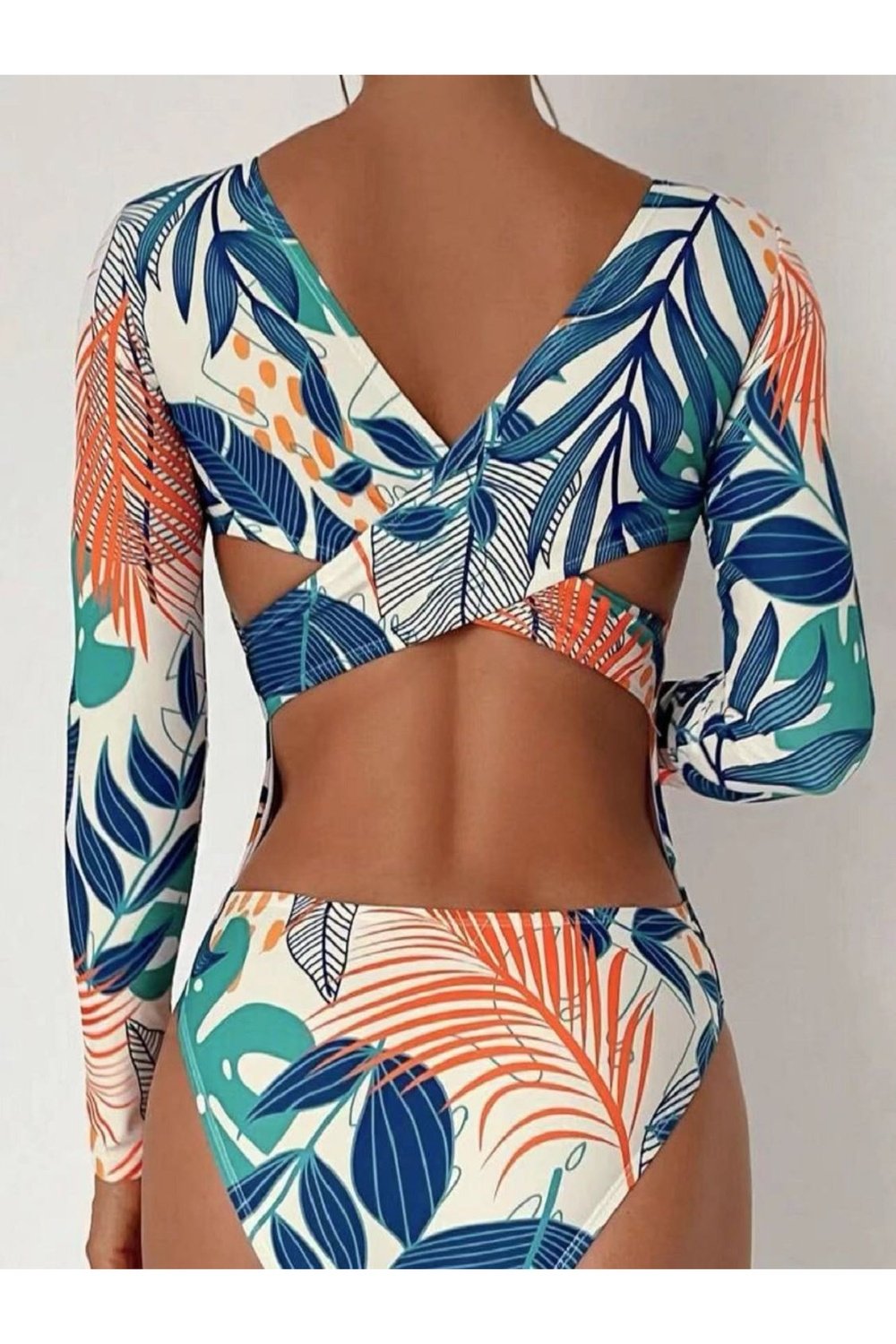 Crisscross Round Neck Long Sleeve Swimwear