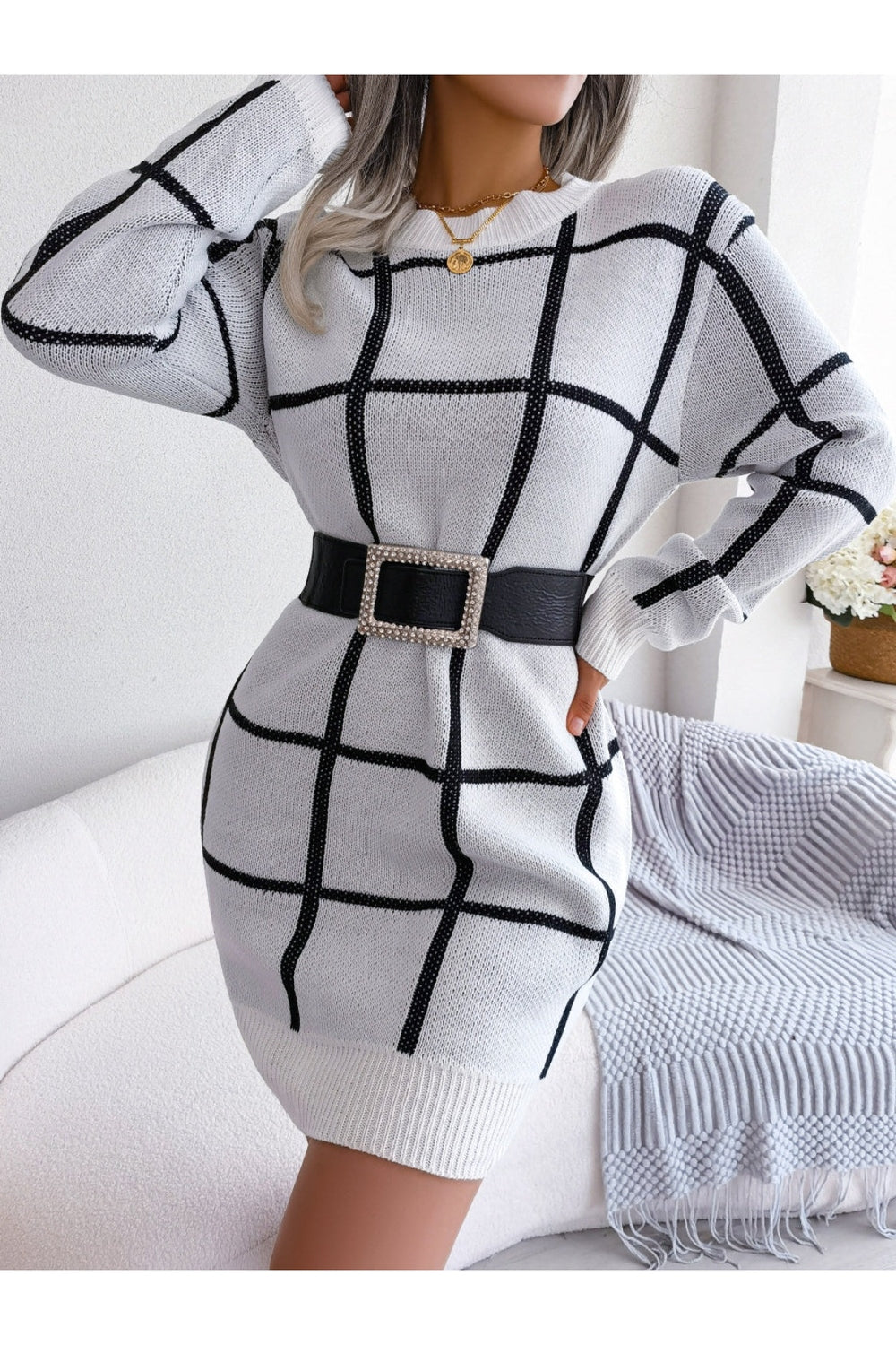 Plaid Round Neck Dropped Shoulder Sweater Dress