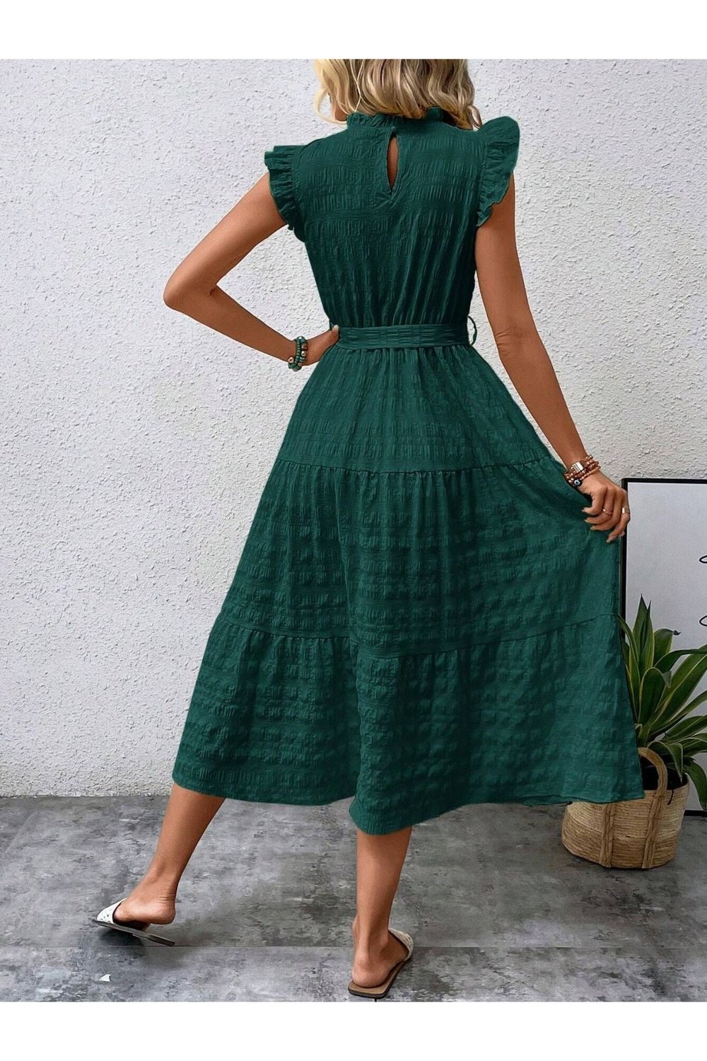 Tied Ruffled Cap Sleeve Midi Dress