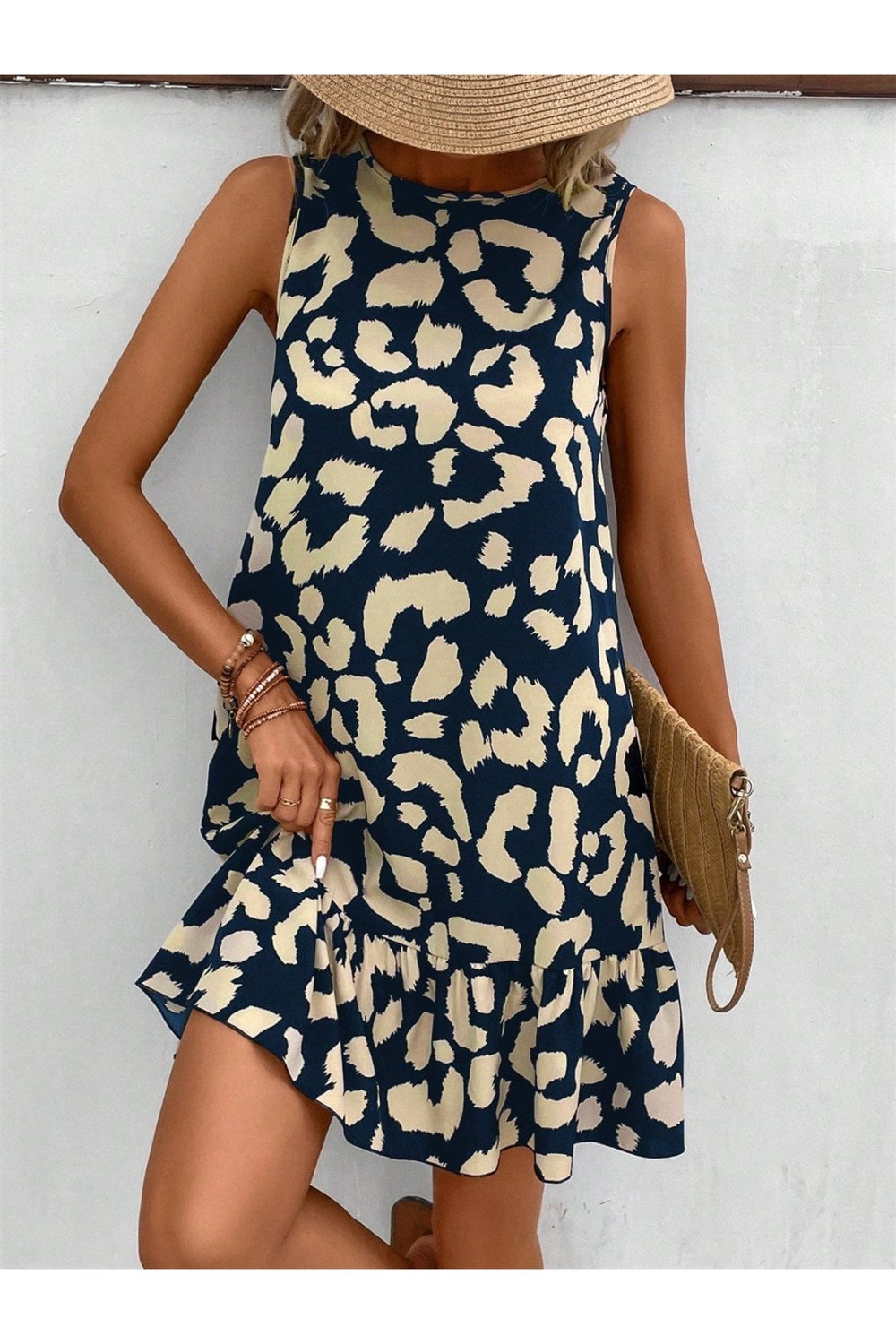 Tied Leopard Round Neck Tank Dress