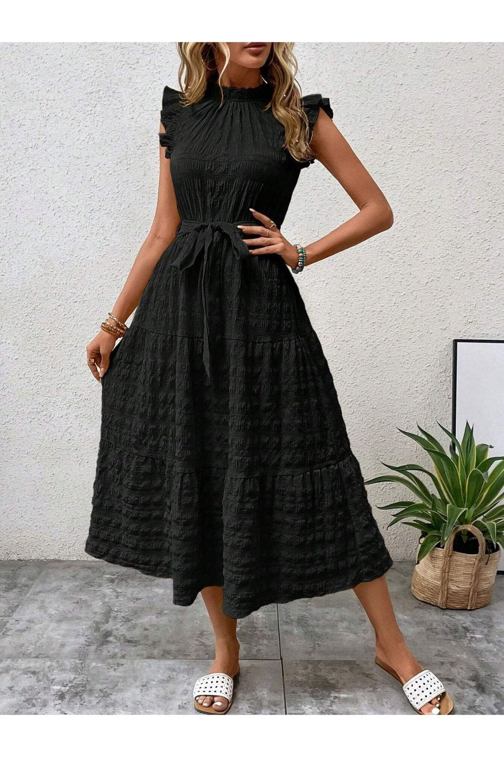 Tied Ruffled Cap Sleeve Midi Dress