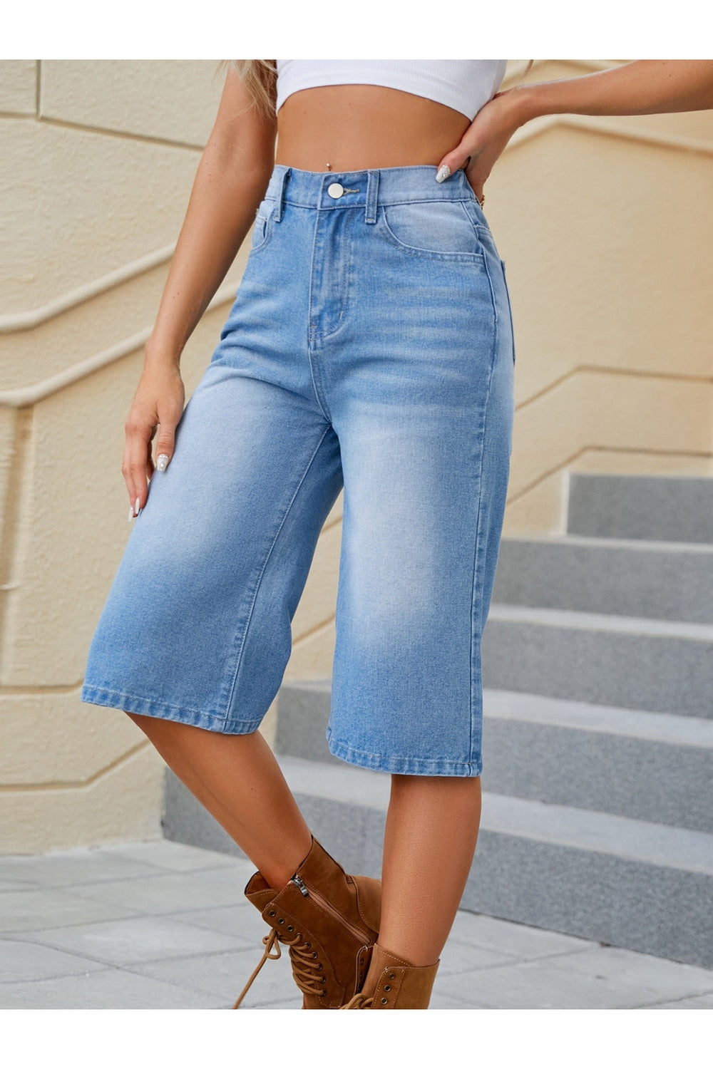 High Waist Denim Shorts with Pockets