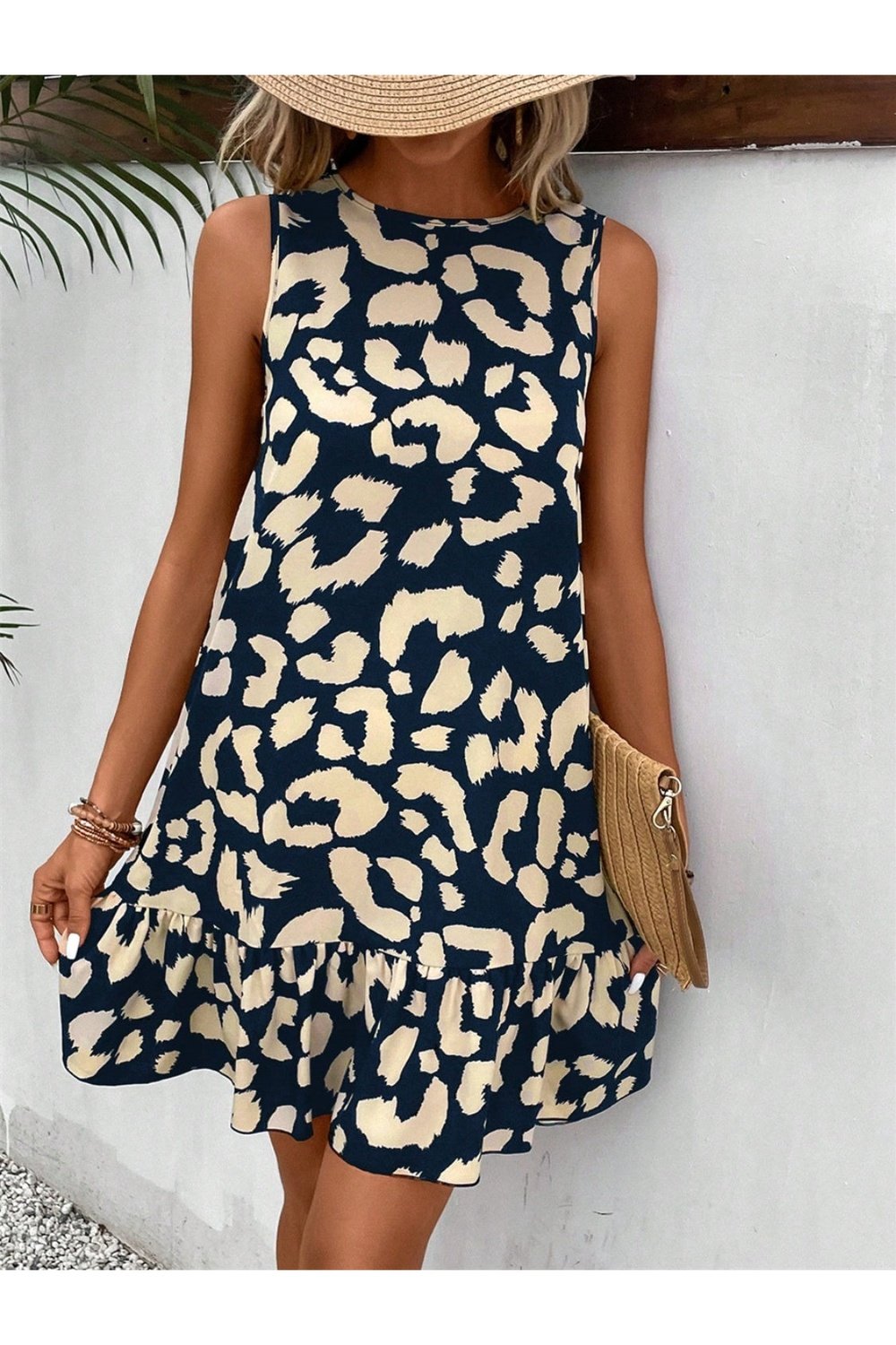 Tied Leopard Round Neck Tank Dress