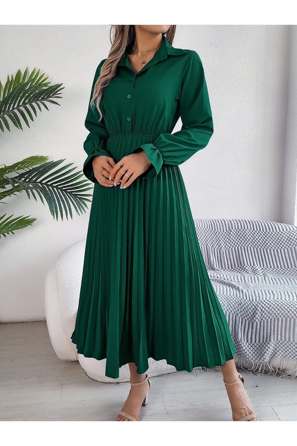 Pleated Half Button Long Sleeve Midi Dress