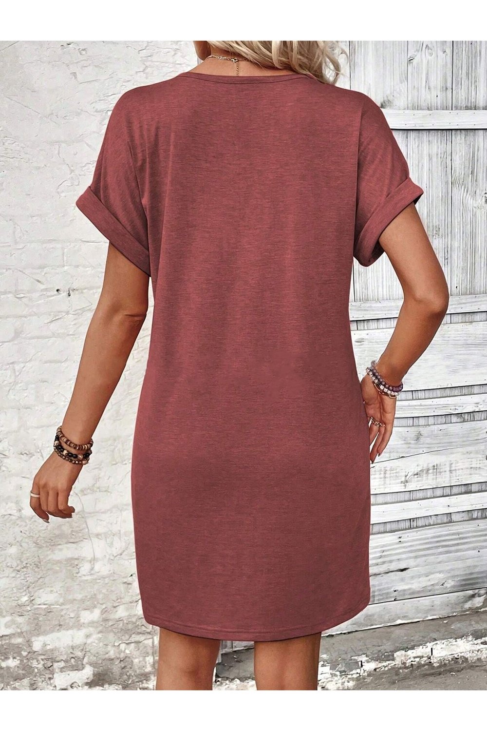 Quarter Button V-Neck Short Sleeve Dress