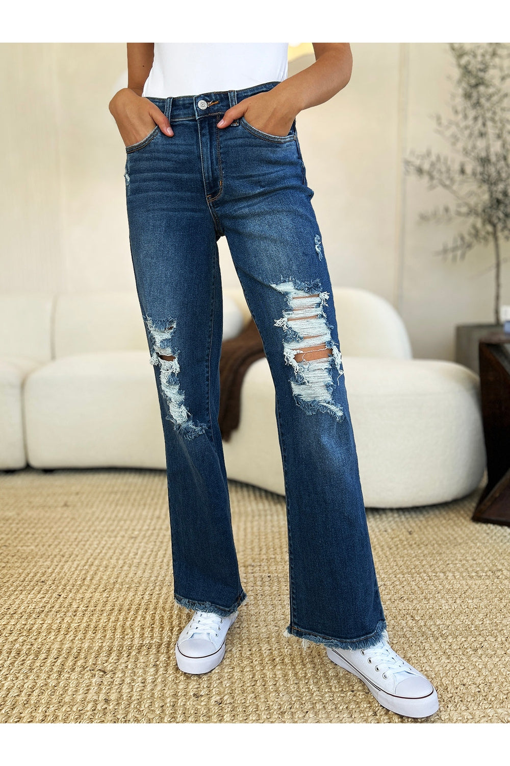 Judy Blue Full Size Mid Rise Distressed Raw Hem Jeans