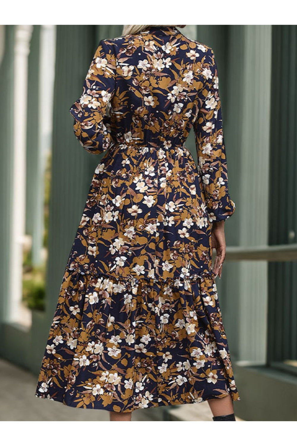 Perfee Printed Notched Long Sleeve Midi Dress