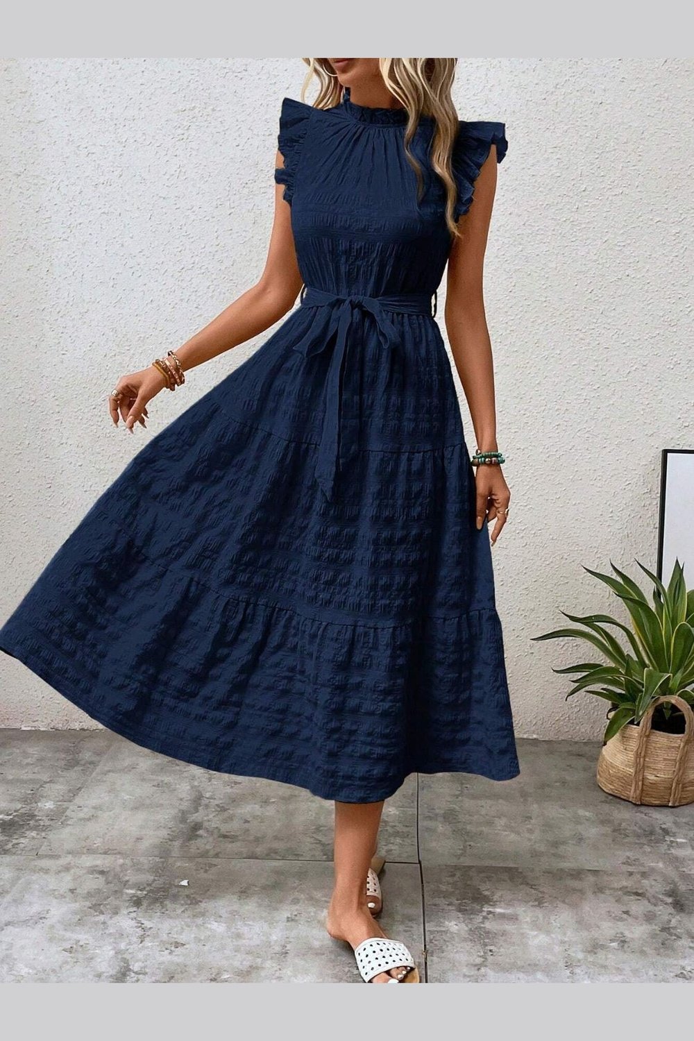 Tied Ruffled Cap Sleeve Midi Dress