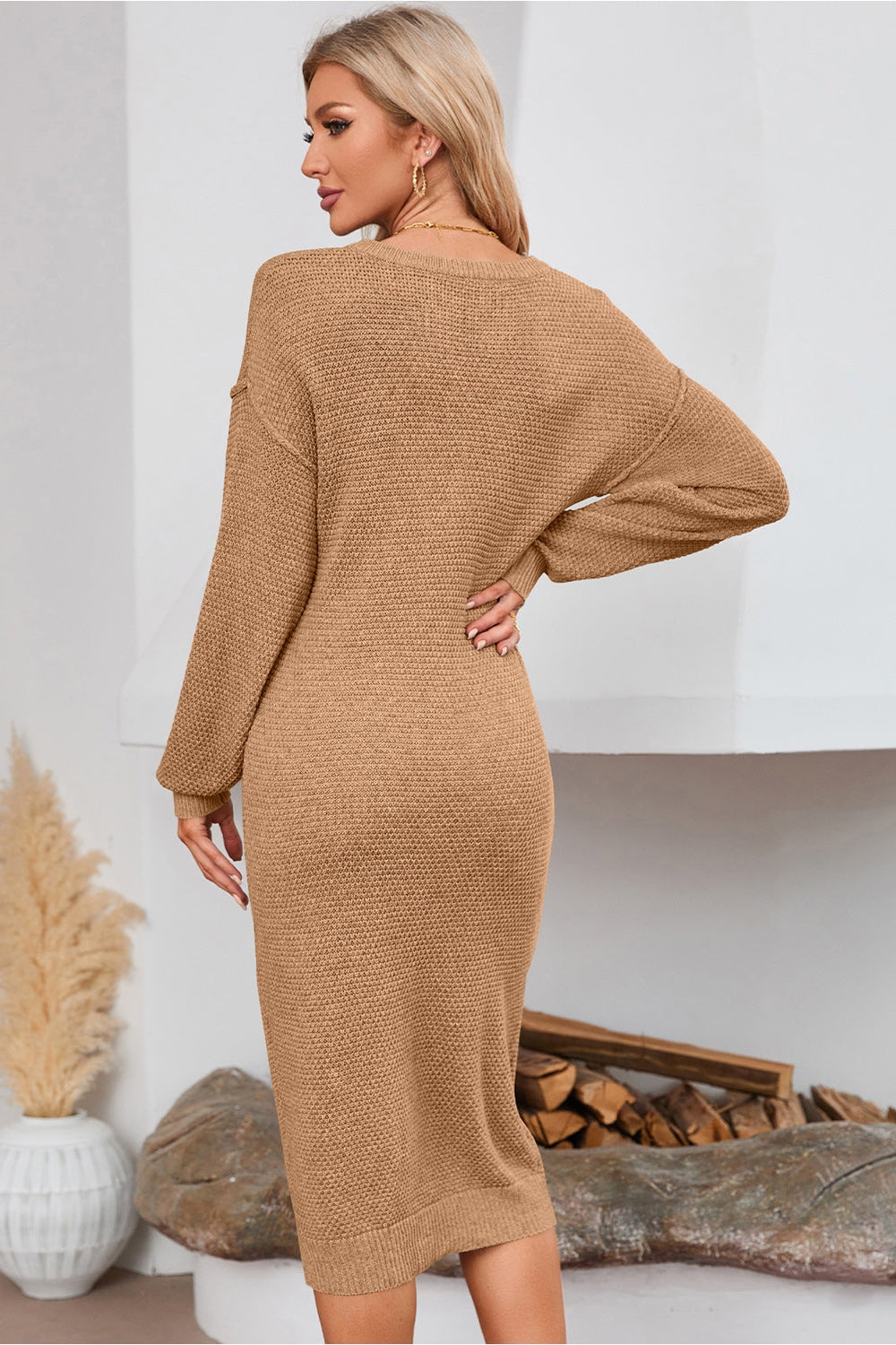 Half Button Long Sleeve Midi Sweater Dress