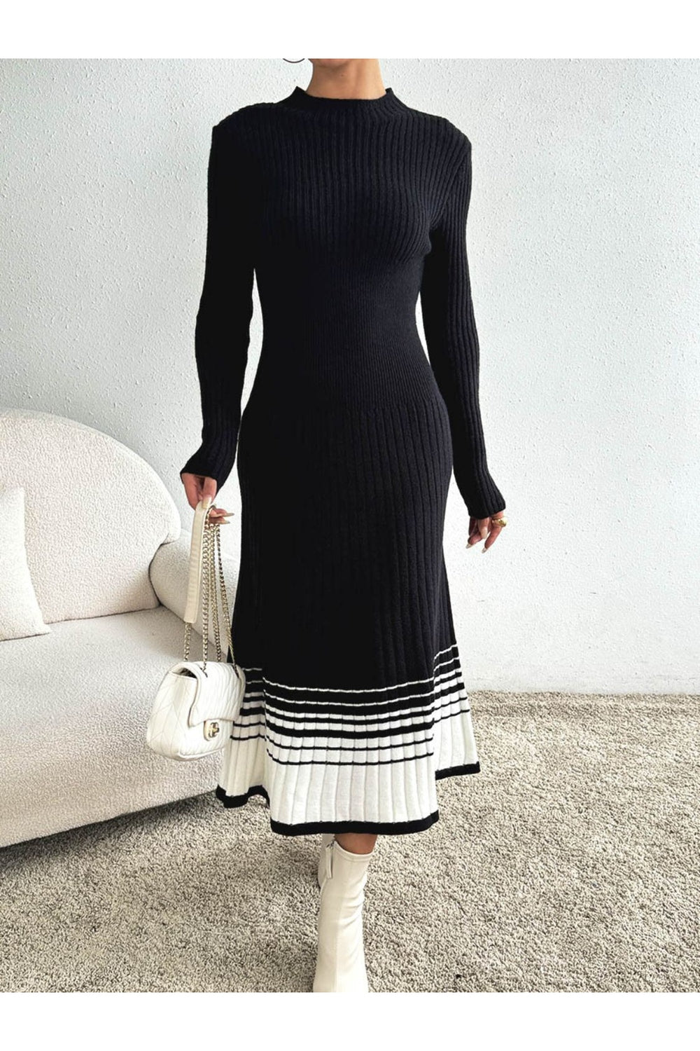 Contrast Mock Neck Long Sleeve Sweater Dress