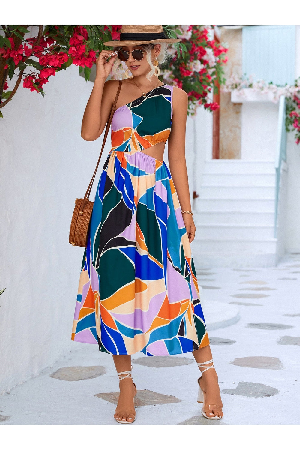 Printed Cutout One-Shoulder Sleeveless Dress