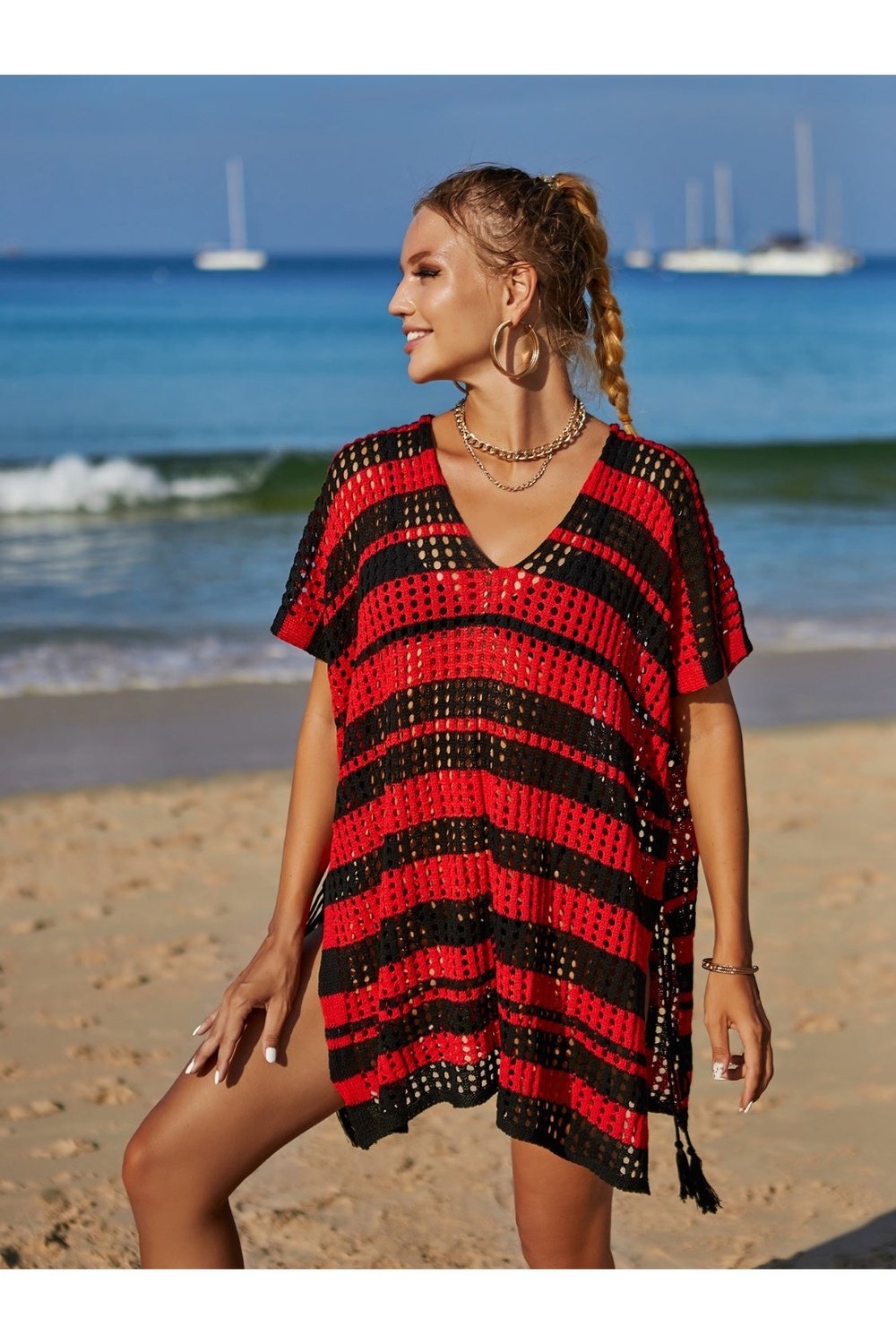 Tassel Openwork Striped V-Neck Cover Up