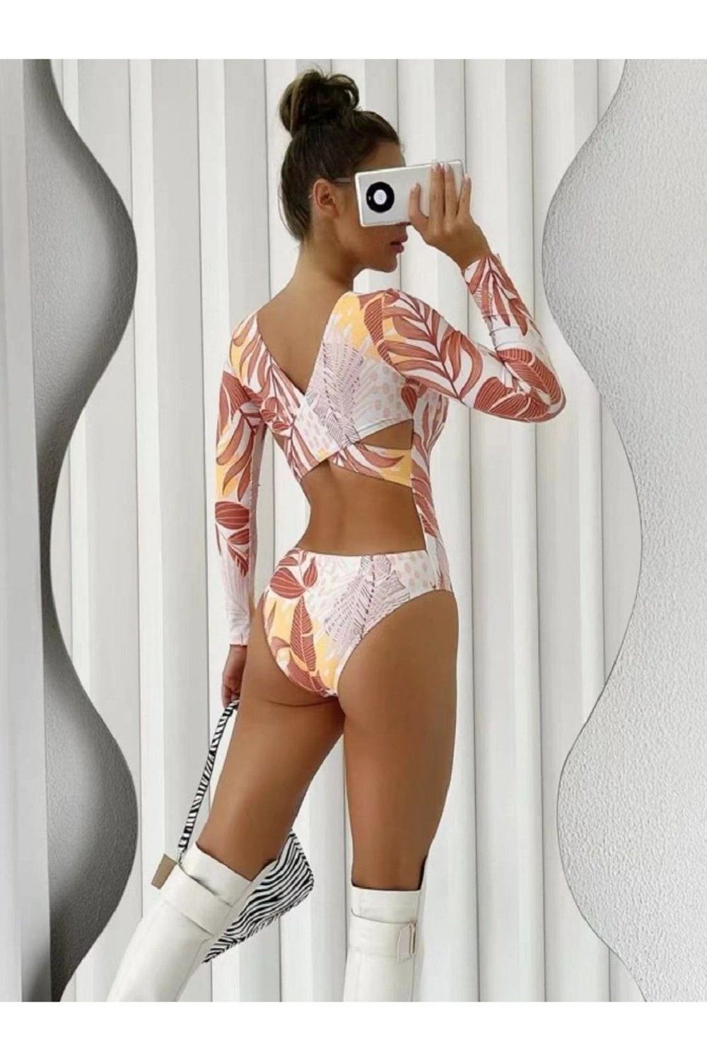 Crisscross Round Neck Long Sleeve Swimwear