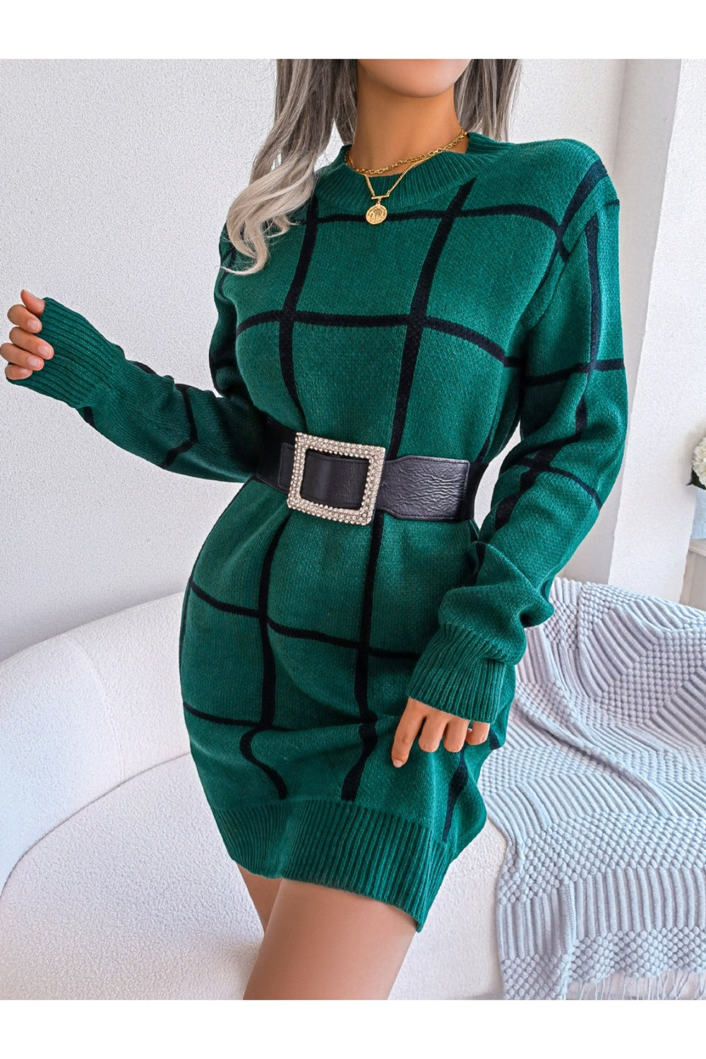 Plaid Round Neck Dropped Shoulder Sweater Dress