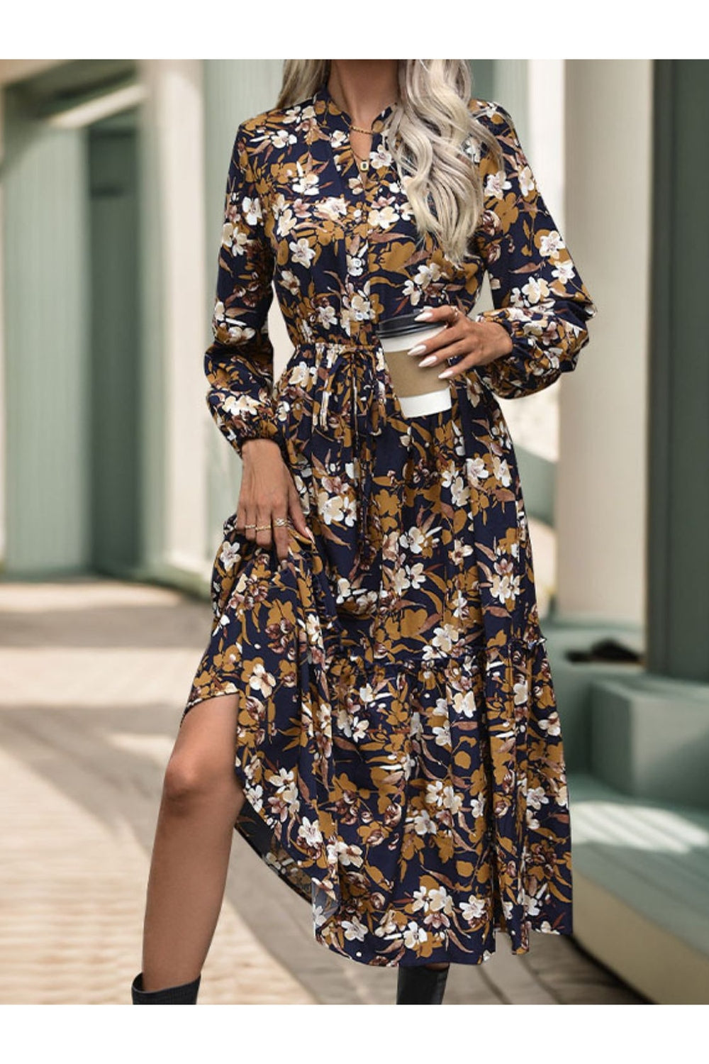 Perfee Printed Notched Long Sleeve Midi Dress