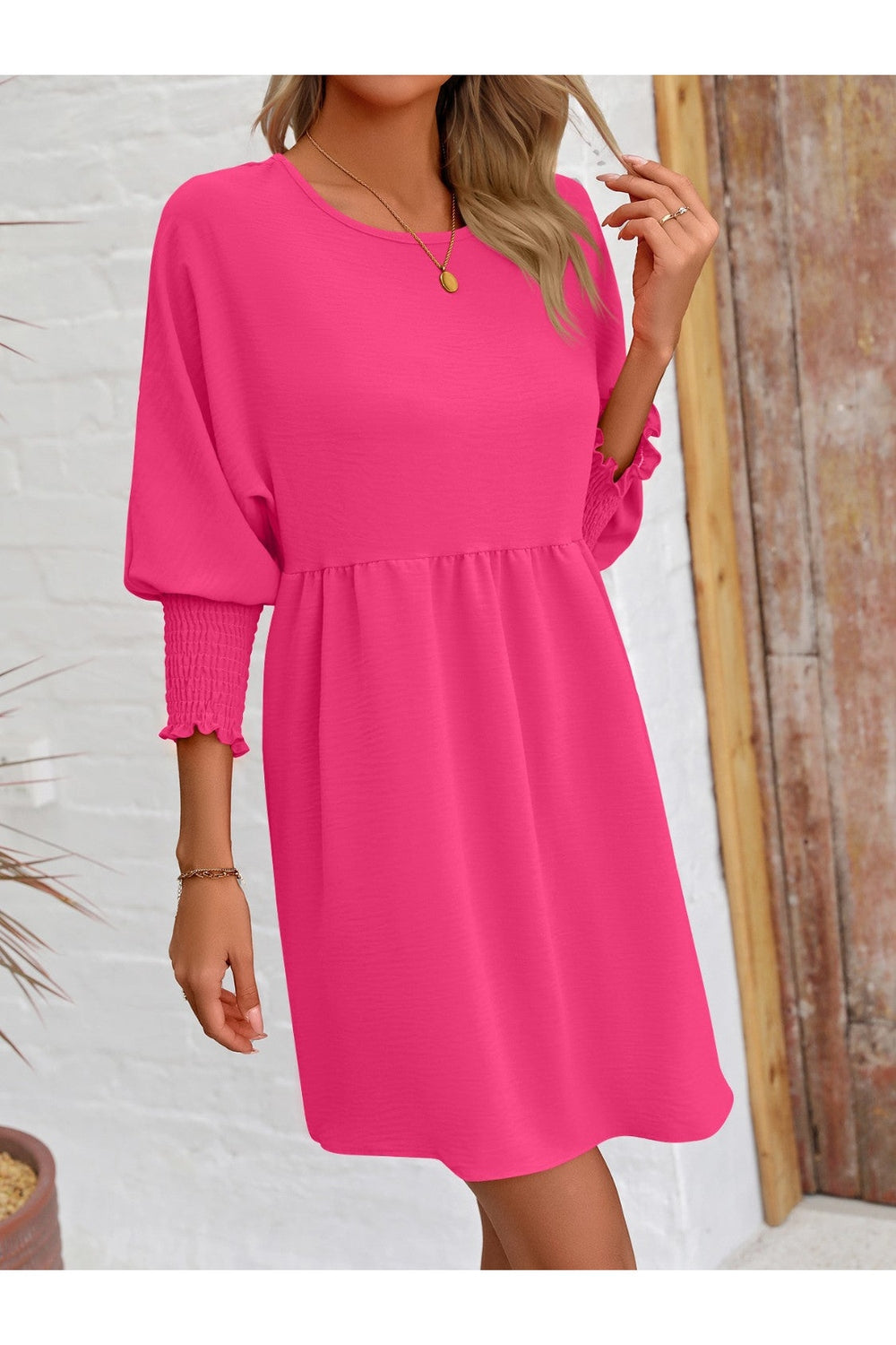 Round Neck Lantern Sleeve Mini Dress