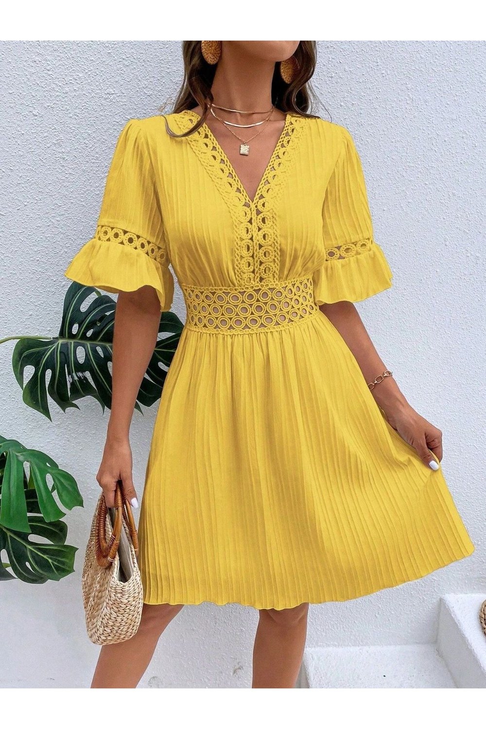 Cutout V-Neck Flounce Sleeve Mini Dress