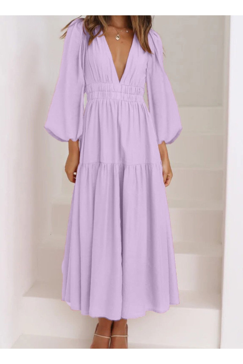 Deep V-Neck Balloon Sleeve Plain Maxi Dress