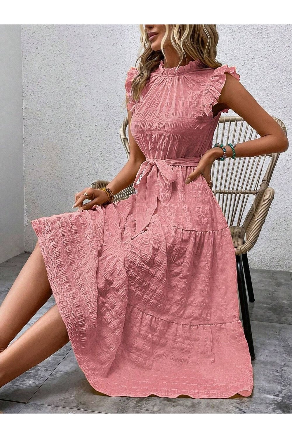 Tied Ruffled Cap Sleeve Midi Dress